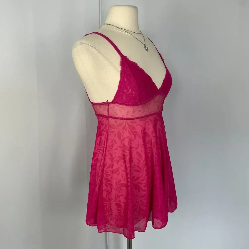 Cami Tank Top Size Medium Hot Pink Sheer Mesh Babydoll Lingerie Romantic